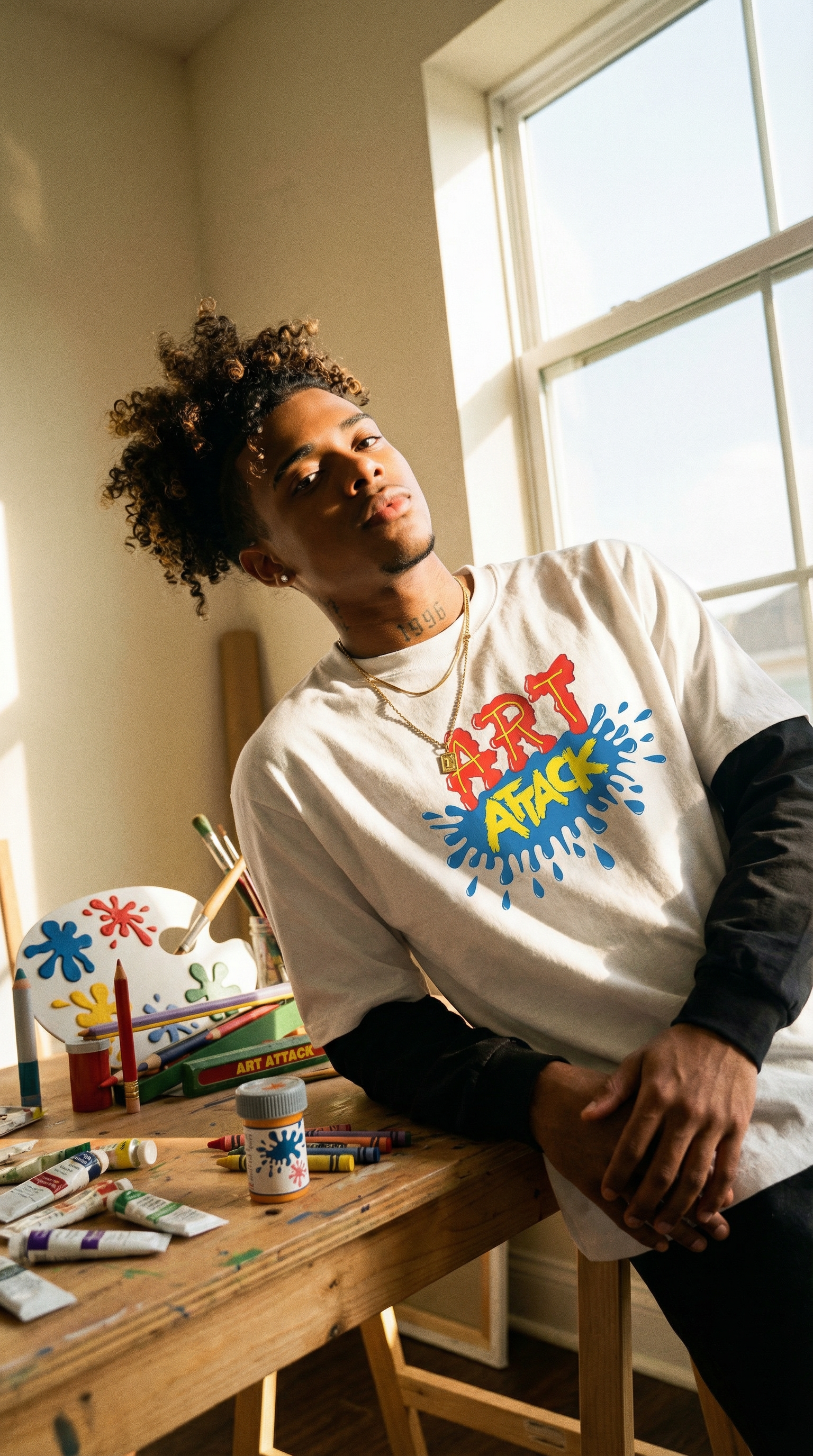 Art Attack Layered Contrast Sleeve Cotton T-Shirt