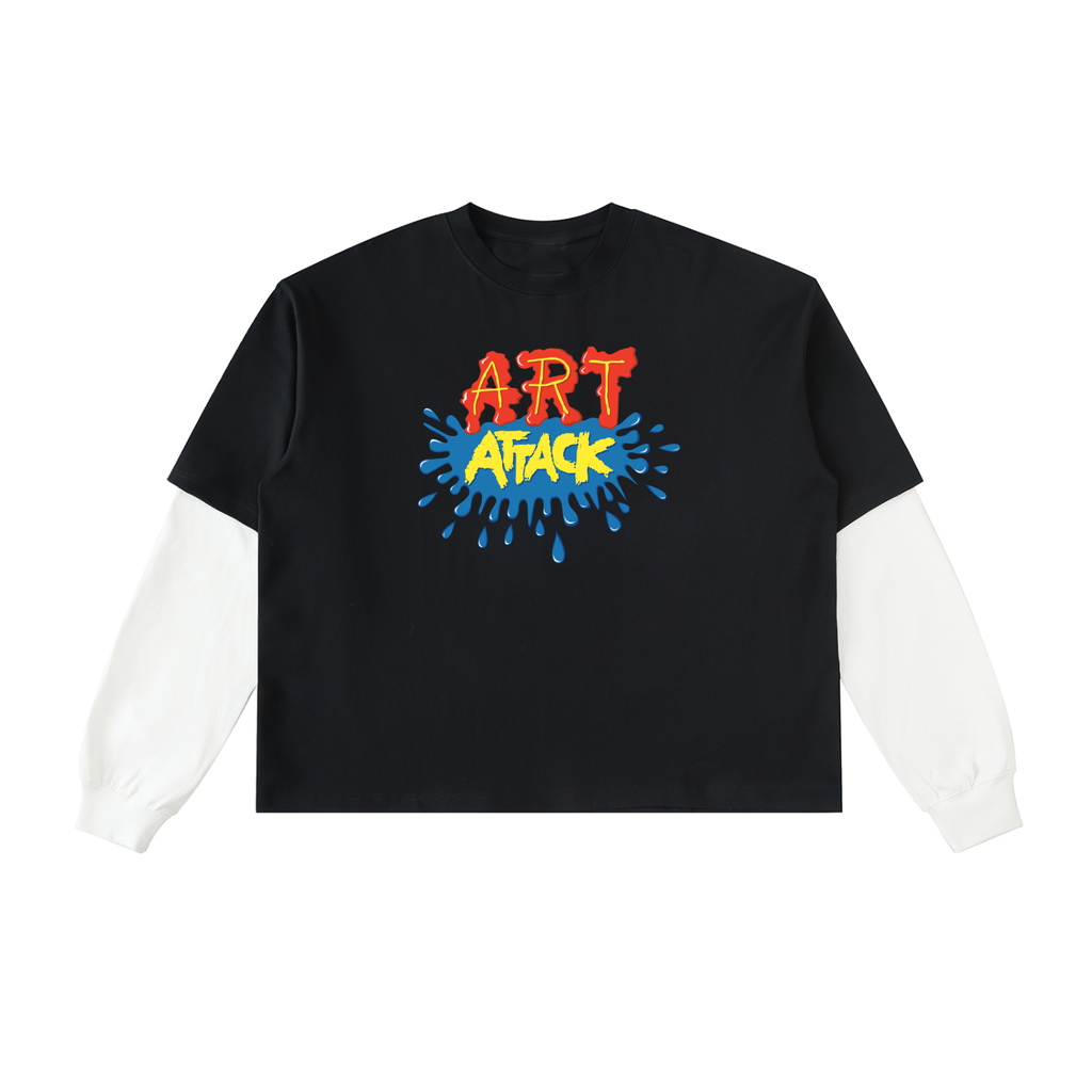 Art Attack Layered Contrast Sleeve Cotton T-Shirt