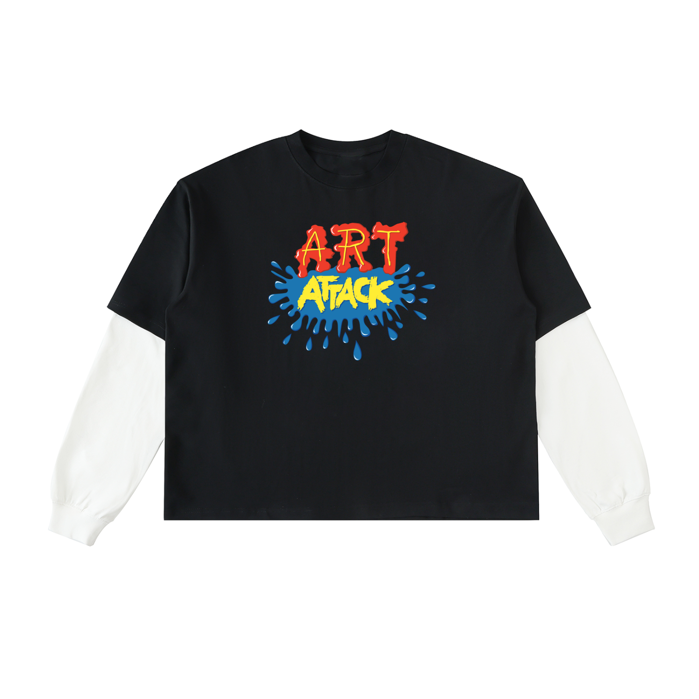 Art Attack Layered Contrast Sleeve Cotton T-Shirt