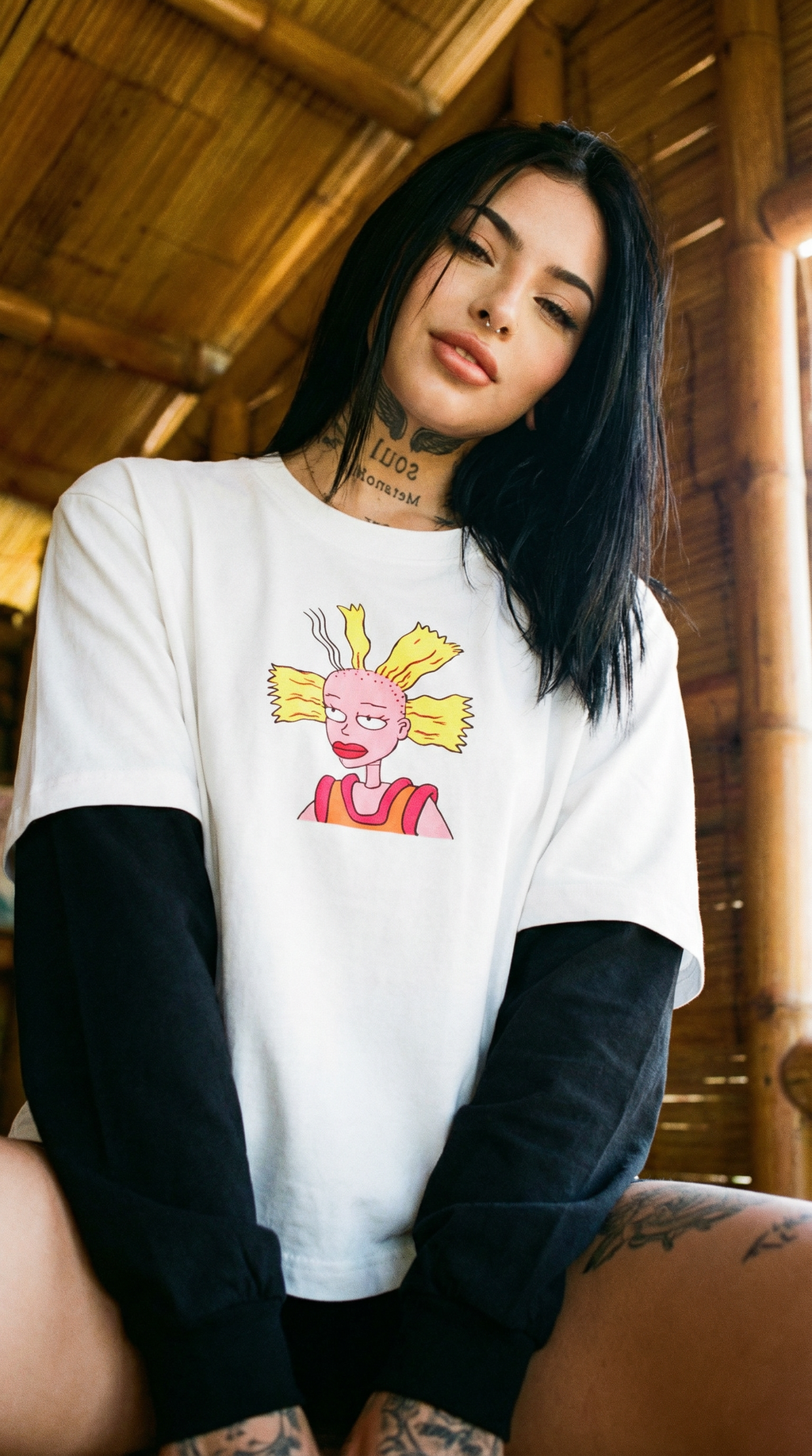 Cynthia Rugrats Layered Contrast Sleeve Cotton T-Shirt