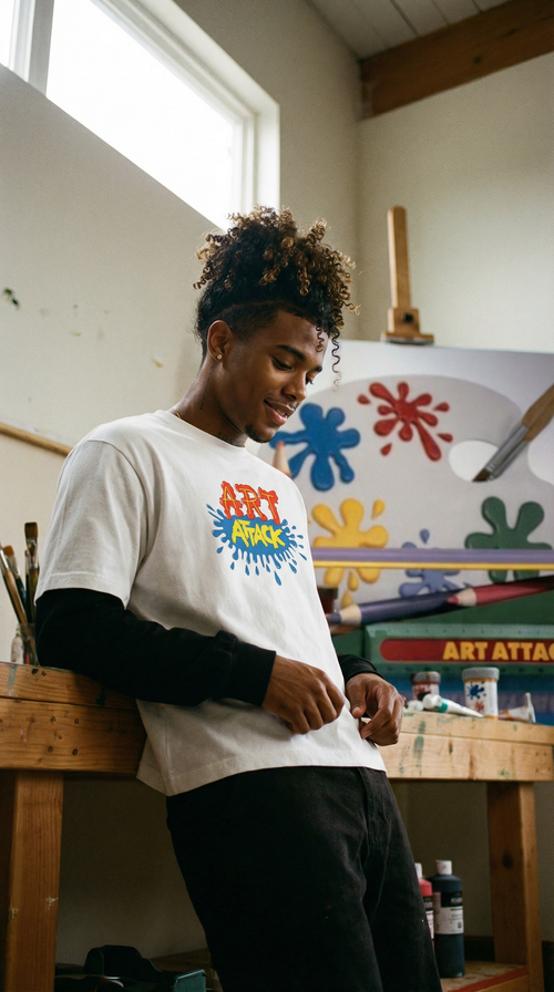 Art Attack Layered Contrast Sleeve Cotton T-Shirt
