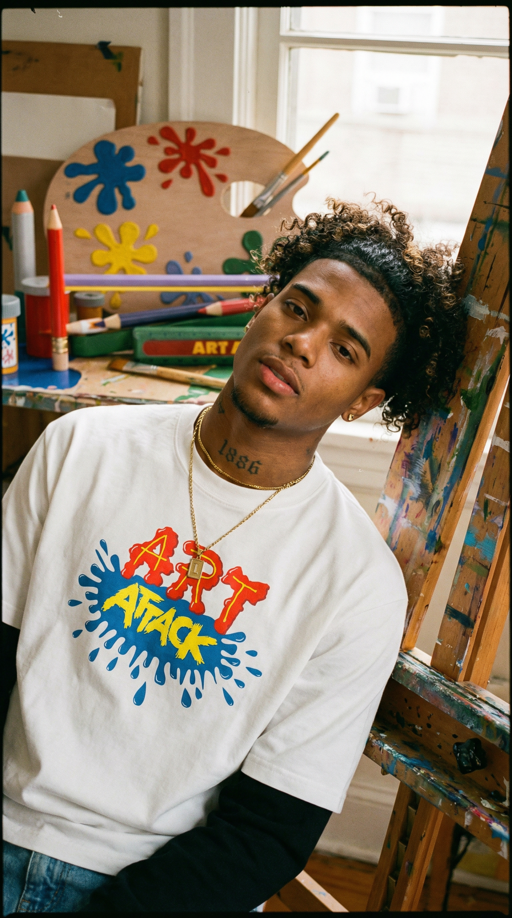 Art Attack Layered Contrast Sleeve Cotton T-Shirt